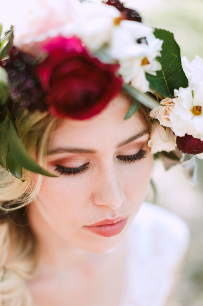 bridal makeup showing flower crown